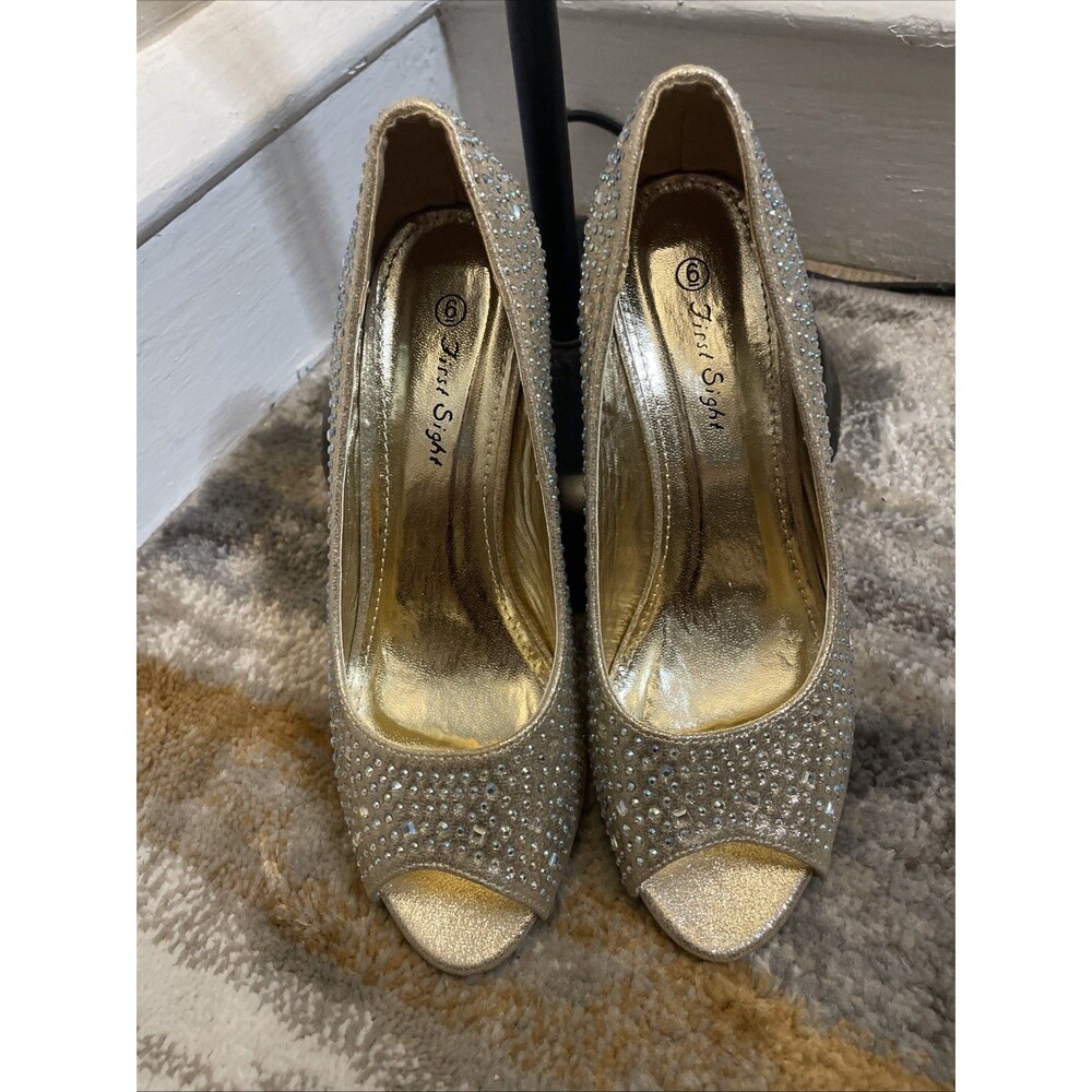 First Sight Sparkling Wedged Heels Gold Rhinestones Size 6 Open Toes